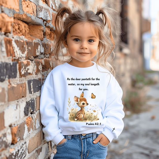 Toddler | As The deer, White, Kids Sweatshirt, Cute kids apparel | Kids Sweatshirt | Kids Christian Sweatshirt