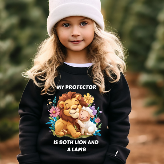 "My Protector is Both Lion and Lamb" Kids Black Sweatshirt, Kids Christian Sweatshirt, Cozy Kids Sweatshirt, Christian apparel kids, Kids church sweatshirt